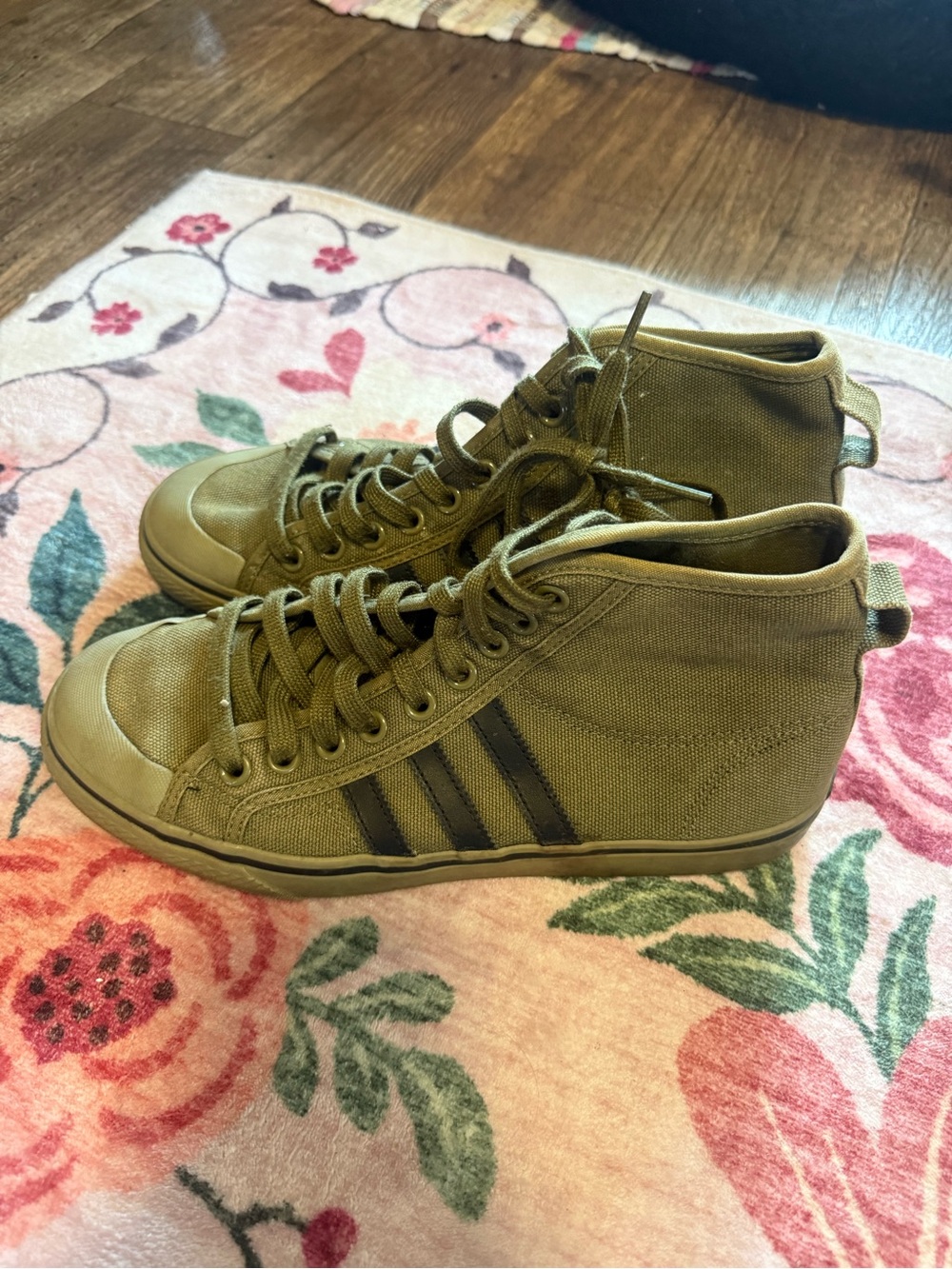 adidas Olive Green High-Top Canvas Sneakers with Black Stripes